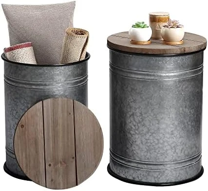 RUSTOWN Farmhouse Accent Side Table, Rustic Storage Ottoman Seat Stool, Galvanized Antique Metal End Table Box Bin With Round Wood Lid, Coffee Or Cocktail Table, Nesting Pieces Two (Pure Galvanized) 9 RUSTOWN Farmhouse Accent Side Table, Rustic Storage Ottoman Seat Stool, Galvanized Antique Metal End Table Box Bin With Round Wood Lid, Coffee Or Cocktail Table, Nesting Pieces Two (Pure Galvanized) - Image 9