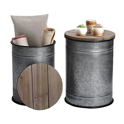 RUSTOWN Farmhouse Accent Side Table, Rustic Storage Ottoman Seat Stool, Galvanized Antique Metal End Table Box Bin With Round Wood Lid, Coffee Or Cocktail Table, Nesting Pieces Two (Pure Galvanized) 1 RUSTOWN Farmhouse Accent Side Table, Rustic Storage Ottoman Seat Stool, Galvanized Antique Metal End Table Box Bin With Round Wood Lid, Coffee Or Cocktail Table, Nesting Pieces Two (Pure Galvanized)