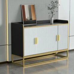 WILLIAMSPACE 46.8" Modern Sideboard Buffet Cabinet With 4 Doors & Adjustable Shelf & Gold Metal Frame, Floor Storage Cabinet, Standing Side Cabinet For Living Room, Hallway, Kitchen - Black&White&Gold -Best Furniture Store 41x5V1cN22L