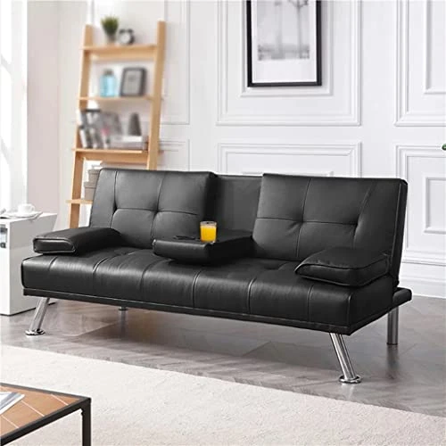 JAHH Faux Leather Futon Multifunctional Convertible Folding Bed Sofa With Cupholders Pillows 2 JAHH Faux Leather Futon Multifunctional Convertible Folding Bed Sofa With Cupholders Pillows - Image 2