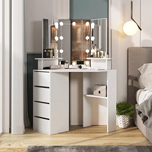 Corner Vanity Desk With Lighted Mirror & Power Strip,White Makeup Vanity Table With Lights,42 Inch Corner Vanity Mirror With Lights And 4 Drawer, 3 Lighting Modes, Brightness Adjustable 2 Corner Vanity Desk With Lighted Mirror & Power Strip,White Makeup Vanity Table With Lights,42 Inch Corner Vanity Mirror With Lights And 4 Drawer, 3 Lighting Modes, Brightness Adjustable - Image 2