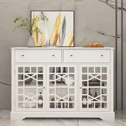 Hitow White Buffet Cabinet, Storage Sideboard With Glass Doors, Kitchen Buffet Storage Cabinet With Drawers & Adjustable Shelves, Entryway Cupboard Console Table (51.1" W X 15.7" D X 35.4" H)