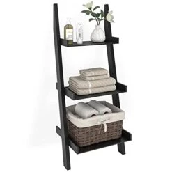 Ballucci 3-Tier Storage Ladder Shelf And Organizer, Modern Wood Leaning Ladder Bookshelf, Ladder Bookcase, Small Book Shelf, Narrow Bookshelf For Bedroom, Living Room, Kitchen, Bathroom, Black