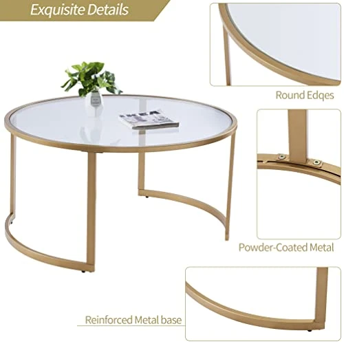 Round Nesting Coffee Table Set Of 2, Modern Side Tables With Sturdy Metal Frame And Tempered Glass, Minimalist End Table, Cocktail Table For Dining Room, Living Room, Home Decor (Gold) 3 Round Nesting Coffee Table Set Of 2, Modern Side Tables With Sturdy Metal Frame And Tempered Glass, Minimalist End Table, Cocktail Table For Dining Room, Living Room, Home Decor (Gold) - Image 3