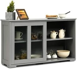 Costzon Kitchen Sideboard, Antique Stackable Storage Cabinet With Height Adjustable Shelf, Sliding Door Window, Wooden Cupboard Server Buffet Console Table For Home Dining Room Entryway (Black) -Best Furniture Store 41yY3n4SgeL. AC