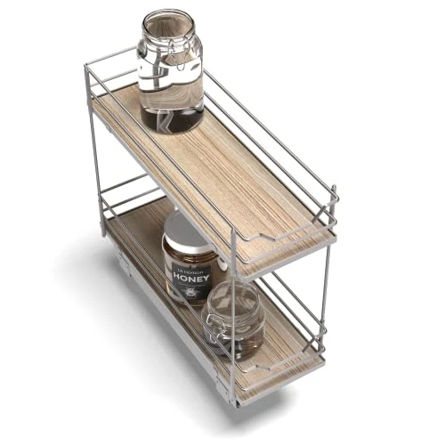 Home Zone Living Pull Out Kitchen Cabinet Organizer With Two Tiers Of Storage, 7.5” W X 20” D, Satin Nickel With Light Brown Wood Finish, Virtuoso Collection 1 Home Zone Living Pull Out Kitchen Cabinet Organizer With Two Tiers Of Storage, 7.5” W X 20” D, Satin Nickel With Light Brown Wood Finish, Virtuoso Collection