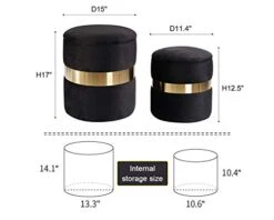 DEERUN Round Velvet Storage Ottoman Foot Rest Stool/Upholstered Footstool/Side Table Seat Make Up Stool With Stainless Steel Band, Pack Of 2 (Black) -Best Furniture Store 41yrGR9J9NL