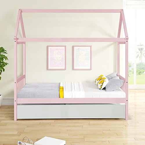 Harper & Bright Designs Twin House Bed With Trundle Bed, Wood Twin Size Daybed For Girls Boys,Kids Platform Bed Frame With Roof Twin Cabin Bed For Bedroom,Pink+White 1 Harper & Bright Designs Twin House Bed With Trundle Bed, Wood Twin Size Daybed For Girls Boys,Kids Platform Bed Frame With Roof Twin Cabin Bed For Bedroom,Pink+White