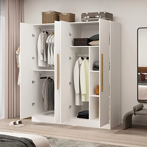 Wardrobe Armoire Closet With 4 Doors, 63" Wide Large Freestanding Armoire Wardrobe Cabinet With Shelves & 3 Hanging Rods, Bedroom Wood Clothes Storage Cabinet Organizer, White 2 Wardrobe Armoire Closet With 4 Doors, 63" Wide Large Freestanding Armoire Wardrobe Cabinet With Shelves & 3 Hanging Rods, Bedroom Wood Clothes Storage Cabinet Organizer, White - Image 2