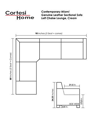 Cortesi Home Contemporary Miami Genuine Leather Sectional Sofa With Left Facing Chaise Lounge, Off White 80"x98" 2 Cortesi Home Contemporary Miami Genuine Leather Sectional Sofa With Left Facing Chaise Lounge, Off White 80"x98" - Image 2