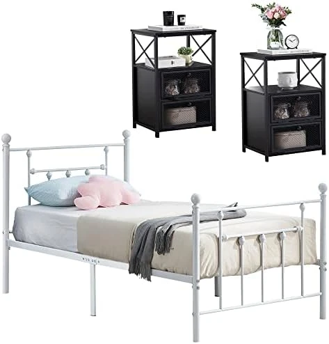 Twin Bed Frame And Versatile Nightstands Set Of 2, Platform With Headboard,Night Stands Side End Tables With Storage Drawers For Bedroom, Living Room, Easy Assemble, Black+Brown 12 Twin Bed Frame And Versatile Nightstands Set Of 2, Platform With Headboard,Night Stands Side End Tables With Storage Drawers For Bedroom, Living Room, Easy Assemble, Black+Brown - Image 12