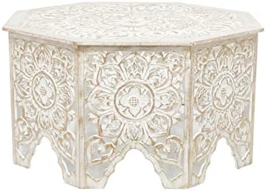 Deco 79 Wood Floral Handmade Intricately Carved Coffee Table With Hollow Interior, 33" X 33" X 18", Light Gray 9 Deco 79 Wood Floral Handmade Intricately Carved Coffee Table With Hollow Interior, 33" X 33" X 18", Light Gray - Image 9