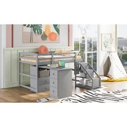 GENERIC Twin Size Loft Bed With Multifunctional Movable -in Desk Staircase Full Length Safety Guard Rails For Kids Teens Grey Modern Contemporary Unisex Nature Pine Wood Finish Includes Hardware -Best Furniture Store 41zcGZ3sF5L
