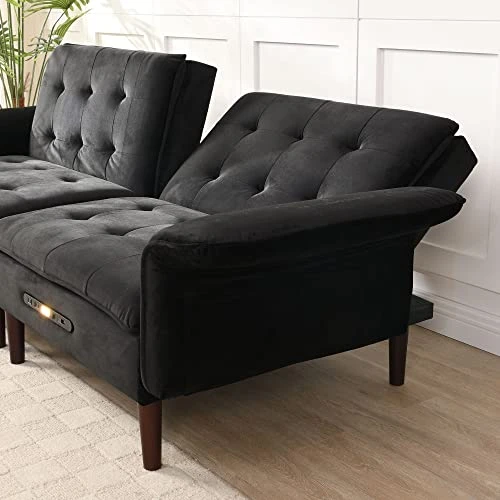 Charging Futon Sofa Bed, Velvet Convertible Sleeper Sofa Tufted Upholstered Couch With Adjustable Backrest & Armrest, Modern Accent Loveseat USB Chargeable Couch Bed For Home Living Room (Black) 3 Charging Futon Sofa Bed, Velvet Convertible Sleeper Sofa Tufted Upholstered Couch With Adjustable Backrest & Armrest, Modern Accent Loveseat USB Chargeable Couch Bed For Home Living Room (Black) - Image 3