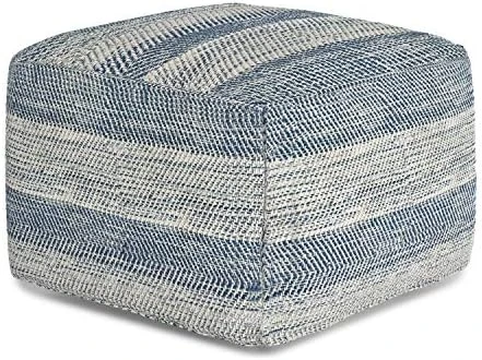 SIMPLIHOME Noreen Square Pouf, Footstool, Upholstered In Light Blue And White Cotton Handloom Woven Pattern, For The Living Room, Bedroom And Kids Room, Transitional, 6 SIMPLIHOME Noreen Square Pouf, Footstool, Upholstered In Light Blue And White Cotton Handloom Woven Pattern, For The Living Room, Bedroom And Kids Room, Transitional, - Image 6