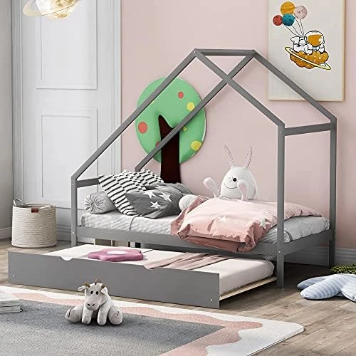 Harper&Bright Designs House Bed Full Size For Kids ,Wooden House Floor Bed , Simplistic Kids House Full Bed Frame For Toddlers, Girls, Boys ,Box Spring Needed,Grey 14 Harper&Bright Designs House Bed Full Size For Kids ,Wooden House Floor Bed , Simplistic Kids House Full Bed Frame For Toddlers, Girls, Boys ,Box Spring Needed,Grey - Image 14