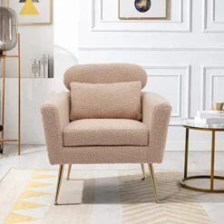 Mikibama Mid Century Modern Accent Chair Upholstered Reading Chair Armchair With Metal Legs And Throw Pillow Side Chair For Living Room Bedroom Office (Ivory,Teddy Fabric) -Best Furniture Store 51 TNSONWWL. AC