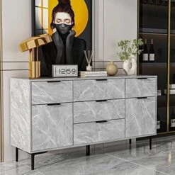 DiDuGo Sideboard Buffet Storage Cabinet With Drawers & Doors, Sideboards And Buffets With Storage, Metal Legs, Kitchen Storage Cabinet, For Hallway Living Room Marble Grey (55.1”W X 15.7”D X 29.5”H) -Best Furniture Store 51 VL0a9q0L. AC