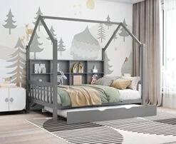 DEINPPA Twin Size House Bed With Bookcase Headboard, Wooden House Bed Frame With Fence Guardrails And Drawers, No Box Spring Needed, For Kids Toddler-Grey 22 DEINPPA Twin Size House Bed With Bookcase Headboard, Wooden House Bed Frame With Fence Guardrails And Drawers, No Box Spring Needed, For Kids Toddler-Grey -Best Furniture Store 51 zj3iJJgL. AC