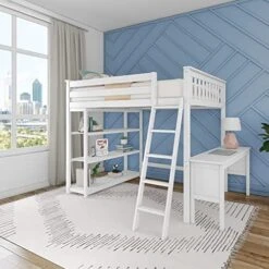 Max & Lily Full Size High Loft Bed With Desk And Bookcase, White, Solid Wood Modern Bed Frame For Kids/Teens, Pine, Non-Toxic Finish, 400 Lb. Weight Capacity, Easy Assembly -Best Furniture Store 510KbTFNhL. AC