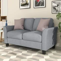FULife Couch 53.7" Upholstered Fabric Futon Sofa Loveseat Chair With Solid Wood Legs,Modern Decor Small 2 Seaters Accent Sofá&Couch For Living Room/Bedroom/Apartment/Office/Studio/Compact Places, Grey -Best Furniture Store 510YQawGkdL