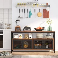 Tribesigns Buffets & Sideboards Buffet Table Bar Cabinet With 4 Mesh Doors, Farmhouse Buffet Cabinet Bar Sideboard With Storage Open Shelf, Wood Kitchen Buffet Storage Cabinet For Dining Room