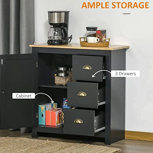 HOMCOM Modern Kitchen Cabinet, Storage Sideboard, Buffet Table With Rubberwood Top, 3 Drawers And Cabinet With Adjustable Shelf, Black 4 HOMCOM Modern Kitchen Cabinet, Storage Sideboard, Buffet Table With Rubberwood Top, 3 Drawers And Cabinet With Adjustable Shelf, Black - Image 4