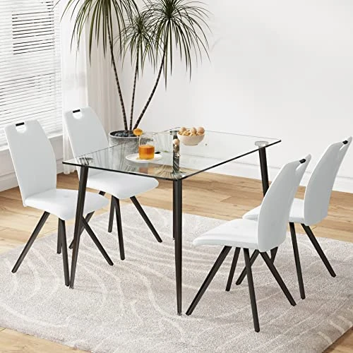 FURNITO Glass Dining Table Set For 4, 5 Piece Kitchen Dining Table Set With Modern PU Leather Chairs Set Of 4,for Dining Room,Living Room Table Set (1 X 47 Inch Glass Table+4 Leather Chairs) 1 FURNITO Glass Dining Table Set For 4, 5 Piece Kitchen Dining Table Set With Modern PU Leather Chairs Set Of 4,for Dining Room,Living Room Table Set (1 X 47 Inch Glass Table+4 Leather Chairs)