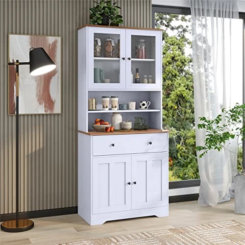 TURRIDU Pantry Storage Cabinet, 70.9" Freestanding Tall Storage Cabinet With Glass Doors, A Large Drawer And Adjustable Shelves, Multifunctional Buffet Sideboard For Living Room Dining Room, White 4 TURRIDU Pantry Storage Cabinet, 70.9" Freestanding Tall Storage Cabinet With Glass Doors, A Large Drawer And Adjustable Shelves, Multifunctional Buffet Sideboard For Living Room Dining Room, White - Image 4