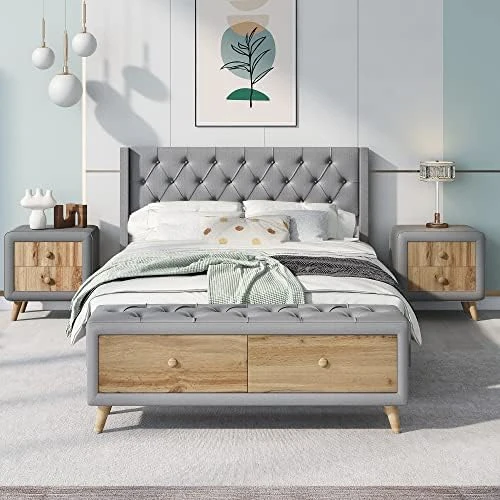 Queen Size Platform Bed With 2 Nightstands, 3 Pieces Queen Bedroom Set, Wood Queen Bed With Headboard, Queen Bedroom Furniture Sets (Champagne Silver) 14 Queen Size Platform Bed With 2 Nightstands, 3 Pieces Queen Bedroom Set, Wood Queen Bed With Headboard, Queen Bedroom Furniture Sets (Champagne Silver) - Image 14