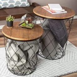 Lavish Home End Storage – Nesting Wire Basket Base And Wood Tops – Industrial Farmhouse Style Side Table, Set Of 2 - Round Black, Brown 19 Lavish Home End Storage – Nesting Wire Basket Base And Wood Tops – Industrial Farmhouse Style Side Table, Set Of 2 - Round Black, Brown -Best Furniture Store 511BlzX0RL. AC