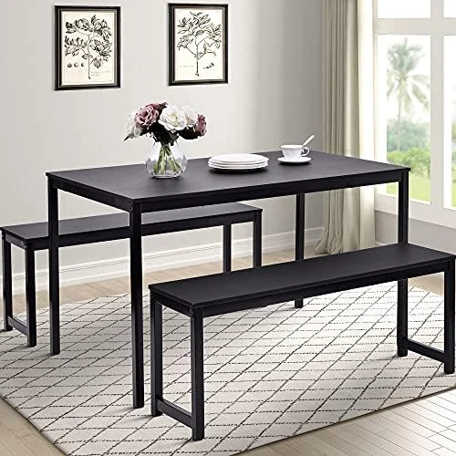 Dining Table Set, Hinpia 3 Pieces Modern Kitchen Table With 2 Benches, Wood Tabletop And Metal Frame (Black) 5 Dining Table Set, Hinpia 3 Pieces Modern Kitchen Table With 2 Benches, Wood Tabletop And Metal Frame (Black) - Image 5