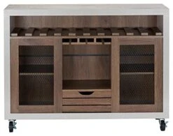 IoHOMES Vesta Industrial Two-Tone Buffet With Wine Bottle Rack, Paneled Cabinets Tiered Shelves, Slatted Drawer, Sideboard With Caster Wheels, Distressed Walnut And Cement