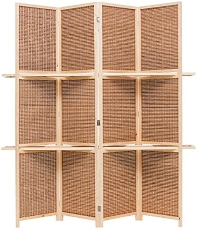 THY COLLECTIBLES Freestanding Wood Frame Woven Bamboo 4 Panels Hinged Privacy Panel Screen Partition Wall With 2 Display Shelves Holding Room Divider With Shelves-Bamboo (Brown) 3 THY COLLECTIBLES Freestanding Wood Frame Woven Bamboo 4 Panels Hinged Privacy Panel Screen Partition Wall With 2 Display Shelves Holding Room Divider With Shelves-Bamboo (Brown) - Image 3