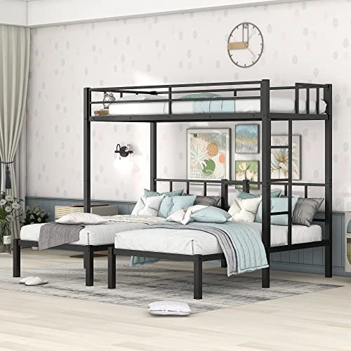 UBGO Triple Twin Bunk Bed, Can Be Separated Into 3 Twin Beds Metal Full Bunk Bed With Two-Side Stairs And Shelf,Metal Loft Bed For Adult Kids Student Dormitory Bedroom Furniture Set, Black 3 UBGO Triple Twin Bunk Bed, Can Be Separated Into 3 Twin Beds Metal Full Bunk Bed With Two-Side Stairs And Shelf,Metal Loft Bed For Adult Kids Student Dormitory Bedroom Furniture Set, Black - Image 3