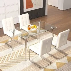 Glass Dining Table Set Of 4, 51'' Modern Rectangular Kitchen Table, Transparent Glass Top And 4 Faux Leather High Back Dining Chairs Armless Dining Chairs, With Chrome Metal Stand(White Chairs)