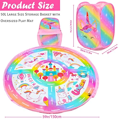 Toy Storage Baskets And Play Mat - Collapsible XL Toy Organizer For Kids, Portable Toy Storage Bin Holders For Block Game Toys,Unicorn Storage Baskets For Girls (Pink Unicorn) 3 Toy Storage Baskets And Play Mat - Collapsible XL Toy Organizer For Kids, Portable Toy Storage Bin Holders For Block Game Toys,Unicorn Storage Baskets For Girls (Pink Unicorn) - Image 3