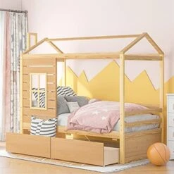 Harper & Bright Designs Twin House Bed With Trundle Bed, Wood Twin Size Daybed For Girls Boys,Kids Platform Bed Frame With Roof Twin Cabin Bed For Bedroom,Pink+White 21 Harper & Bright Designs Twin House Bed With Trundle Bed, Wood Twin Size Daybed For Girls Boys,Kids Platform Bed Frame With Roof Twin Cabin Bed For Bedroom,Pink+White -Best Furniture Store 512UmR35YSL. AC