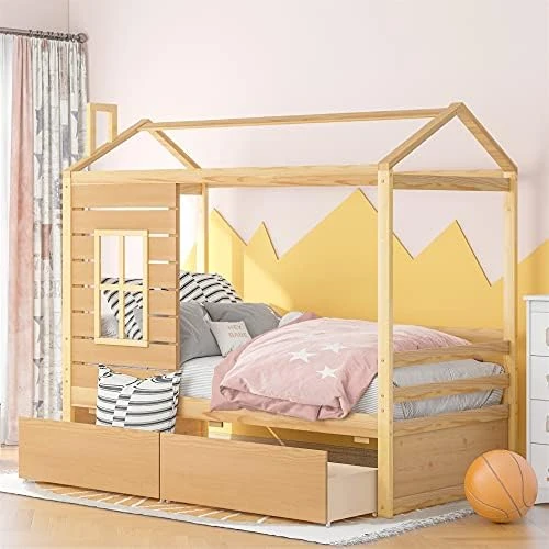 Harper & Bright Designs Twin House Bed With Trundle Bed, Wood Twin Size Daybed For Girls Boys,Kids Platform Bed Frame With Roof Twin Cabin Bed For Bedroom,Pink+White 7 Harper & Bright Designs Twin House Bed With Trundle Bed, Wood Twin Size Daybed For Girls Boys,Kids Platform Bed Frame With Roof Twin Cabin Bed For Bedroom,Pink+White - Image 7