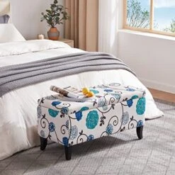 HUIMO Storage Ottoman, 35" Ottoman With Storage For Living Room, Script Printed Linen Upholstered Fabric Ottoman Foot Rest, Ottoman Bench For Bedroom End Of Bed, Entryway, Window Bench(Blue Flower) -Best Furniture Store 512Yc3zn9QL