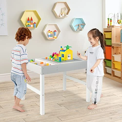 Costzon Kids Table, 3 In 1 Wooden Building Block Desk W/Storage, Double-Sided Tabletop For Toddler Arts, Crafts, Drawing, Reading, Playing, Gift For Boys Girls, Children Activity Table (White & Gray) 2 Costzon Kids Table, 3 In 1 Wooden Building Block Desk W/Storage, Double-Sided Tabletop For Toddler Arts, Crafts, Drawing, Reading, Playing, Gift For Boys Girls, Children Activity Table (White & Gray) - Image 2