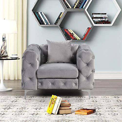 Morden Fort Modern Contemporary Accent Chair With Deep Button Tufting Dutch Velvet, Solid Wood Frame And Iron Legs-Silver Grey 2 Morden Fort Modern Contemporary Accent Chair With Deep Button Tufting Dutch Velvet, Solid Wood Frame And Iron Legs-Silver Grey - Image 2