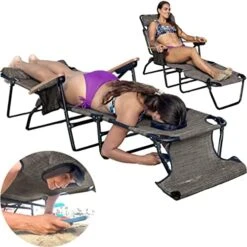 FLIP Face Down Tanning Chaise Lounge Chair - Face & Arm Holes - 2 Legs Support - Polyester Material – Backrest Positions - Head Rest Pillow - Beach Or Home Use - PATENTS Pending - Pink Stripes Pattern -Best Furniture Store 512ef0TllCL. AC