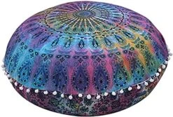 Rajasthaniartdecor Round Pouf Cover Cushion Cotton With Pom Meditetion Seating For Living Dorm Room Color Size 32 Inch Inches (Cover Only) (Blue Gold), RADC003-V, Inches(80 Cm) -Best Furniture Store 512loWJU2VL. AC