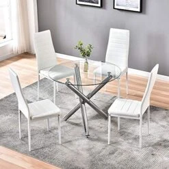 BELIFEGLORY Dining Table With Chairs, Glass Dining Kitchen Table Set Modern Tempered Glass Top Table And PU Leather Chairs With Chairs Dining Room Furniture (Round Table+White Chairs) -Best Furniture Store 512nUnFIbqL
