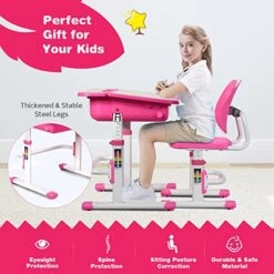 GLACER Kids Desk And Chair Set, Height Adjustable Children Study Writing Desk Set W/Tilted Desktop, Storage Drawer & Metal Hook, Ergonomic Student School Desk Chair Set For 3-14 Years Old (Pink) -Best Furniture Store 512tv8i1hdL