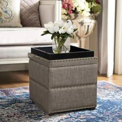 Edeco Modern Nailhead Storage Ottoman With Tray Top Square Script Ottoman Space-Saving Coffee Table, Grey