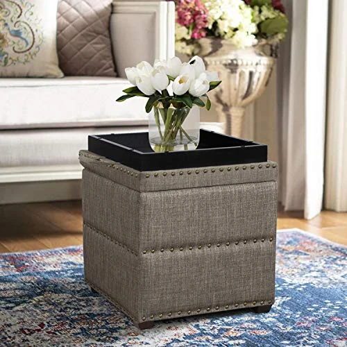 Edeco Modern Nailhead Storage Ottoman With Tray Top Square Script Ottoman Space-Saving Coffee Table, Grey 1 Edeco Modern Nailhead Storage Ottoman With Tray Top Square Script Ottoman Space-Saving Coffee Table, Grey