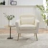 Mikibama Mid Century Modern Accent Chair Upholstered Reading Chair Armchair With Metal Legs And Throw Pillow Side Chair For Living Room Bedroom Office (Ivory,Teddy Fabric)