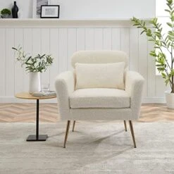 Mikibama Mid Century Modern Accent Chair Upholstered Reading Chair Armchair With Metal Legs And Throw Pillow Side Chair For Living Room Bedroom Office (Ivory,Teddy Fabric) -Best Furniture Store 512yrciz6iL. AC